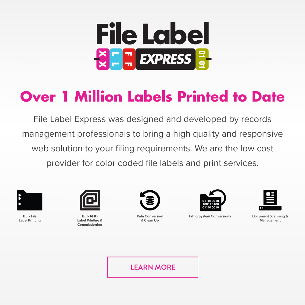 File Label Express was designed and developed by records management professionals to bring a high quality and responsive web solution to your filing requirements. We are the low cost provider for color coded file labels and print services.